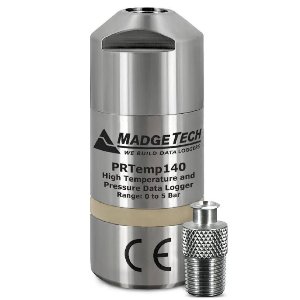 Datalogger de presión y temperatura MadgeTech PRTemp140, registrador todo en uno de acero inoxidable para validación avanzada de esterilización, autoclaves y estudios de mapeo en Colombia.