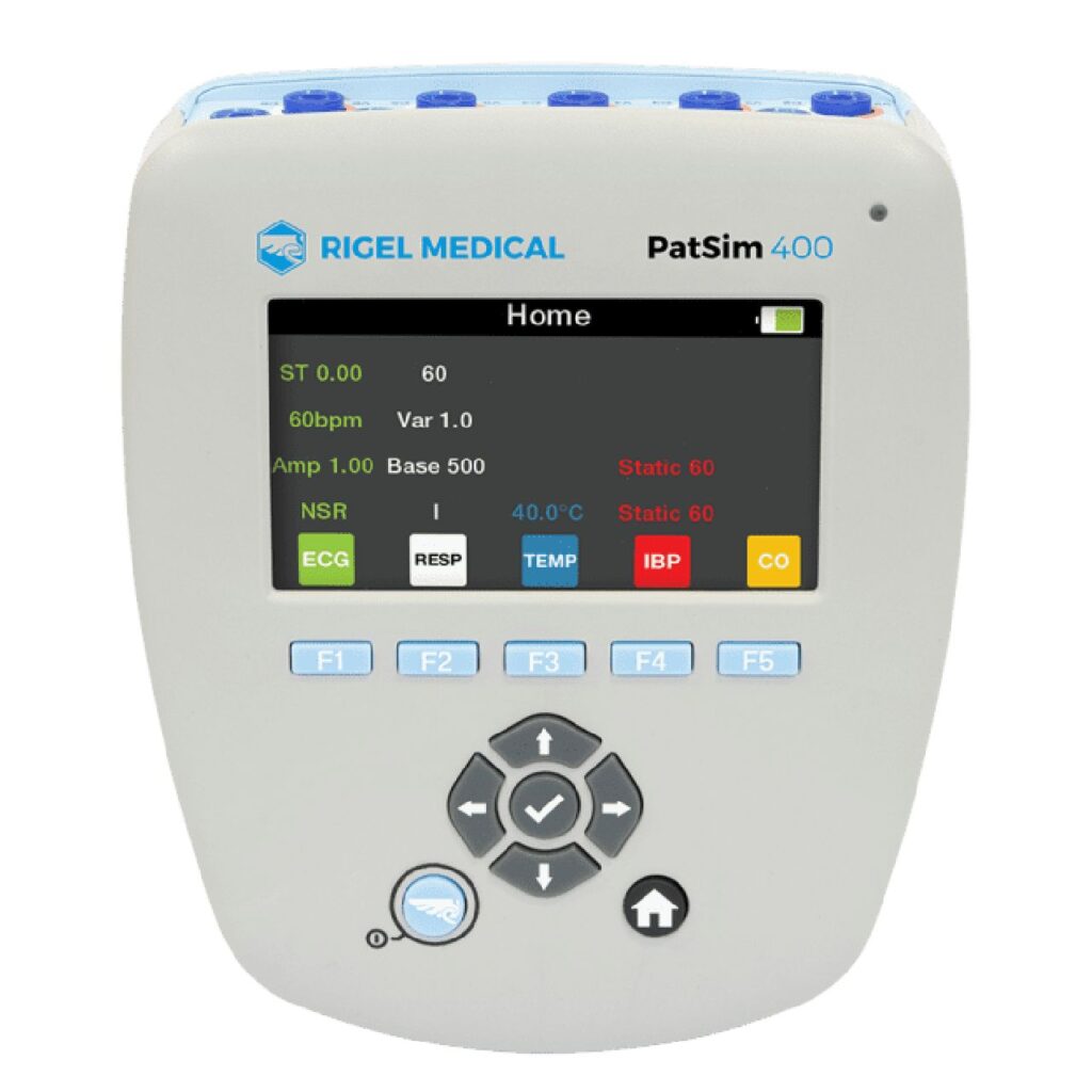Rigel PatSim 400, simulador avanzado de paciente con ECG de 12 derivaciones, arritmias, respiración, temperatura e IBP para monitores de alta complejidad en Colombia