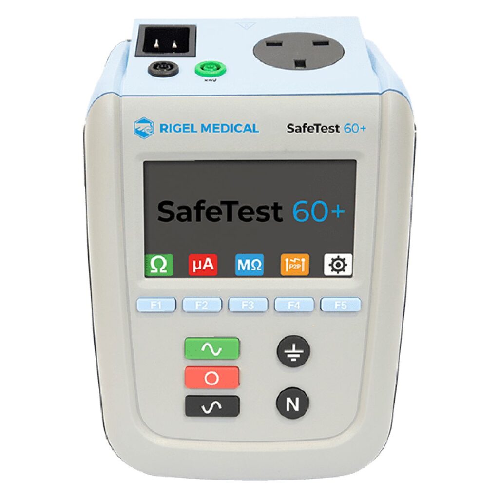 Rigel SafeTest 60 con toma europea Schuko, analizador básico de seguridad eléctrica para monitores, bombas de infusión y ventiladores según IEC 60601 en Colombia