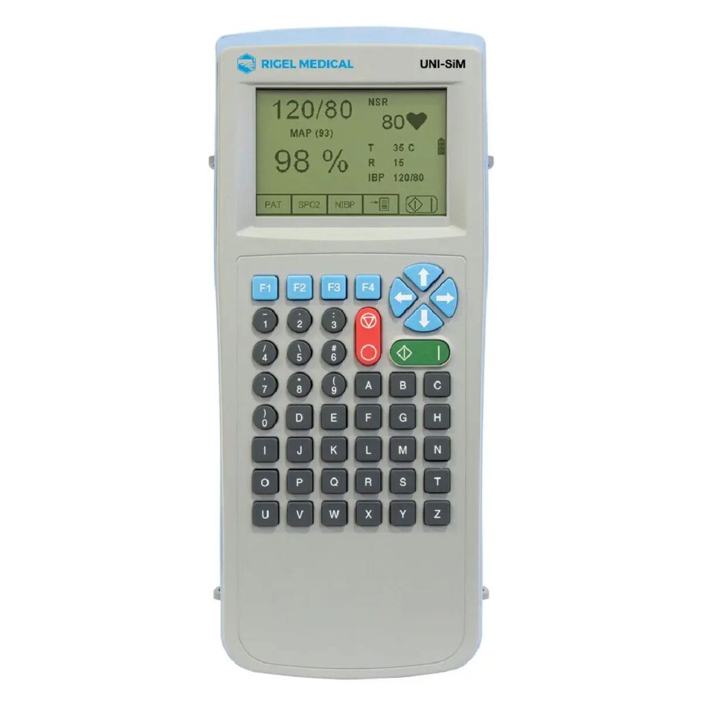 Rigel UNI-SIM LITE, simulador portátil de múltiples signos vitales con Puls-R, cables de temperatura e IBP para calibración de monitores de paciente en Colombia
