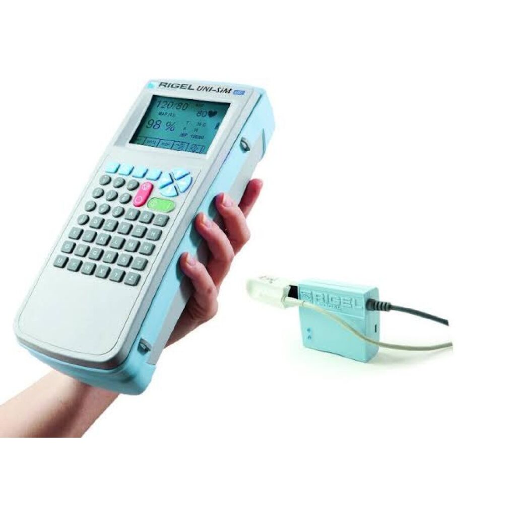 Rigel UNI-SIM LITE, simulador portátil de múltiples signos vitales con Puls-R, cables de temperatura e IBP para calibración de monitores de paciente en Colombia