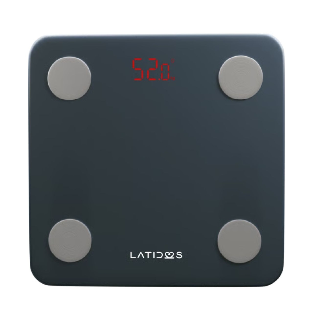 Balanza con monitor de grasa Latidos LTD-BD-260 en vidrio templado gris oscuro, con cuatro electrodos circulares, pantalla LED mostrando 52,0 y logo Latidos