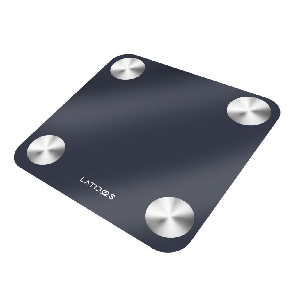 Balanza con monitor de grasa Latidos LTD-BD-260 en vidrio templado gris oscuro, con cuatro electrodos circulares, pantalla LED mostrando 52,0 y logo Latidos