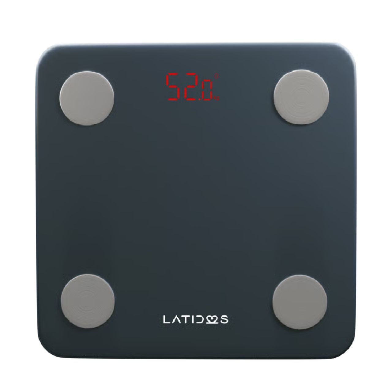 Balanza con monitor de grasa Latidos LTD-BD-260 en vidrio templado gris oscuro, con cuatro electrodos circulares, pantalla LED mostrando 52,0 y logo Latidos