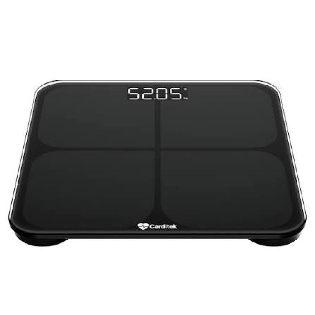 Balanza digital de peso corporal Carditek CDK-BD-2317W en vidrio templado negro, con pantalla LED mostrando 52,05 y logo Carditek