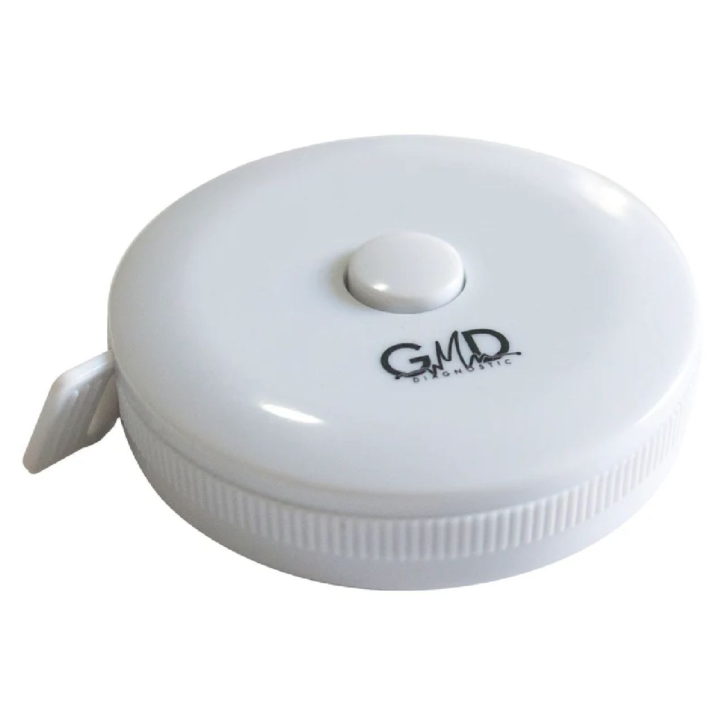 Cinta métrica GMD clásica retráctil de 150 cm en carcasa circular blanca de ABS, con botón central de recogida y extremo de la cinta visible