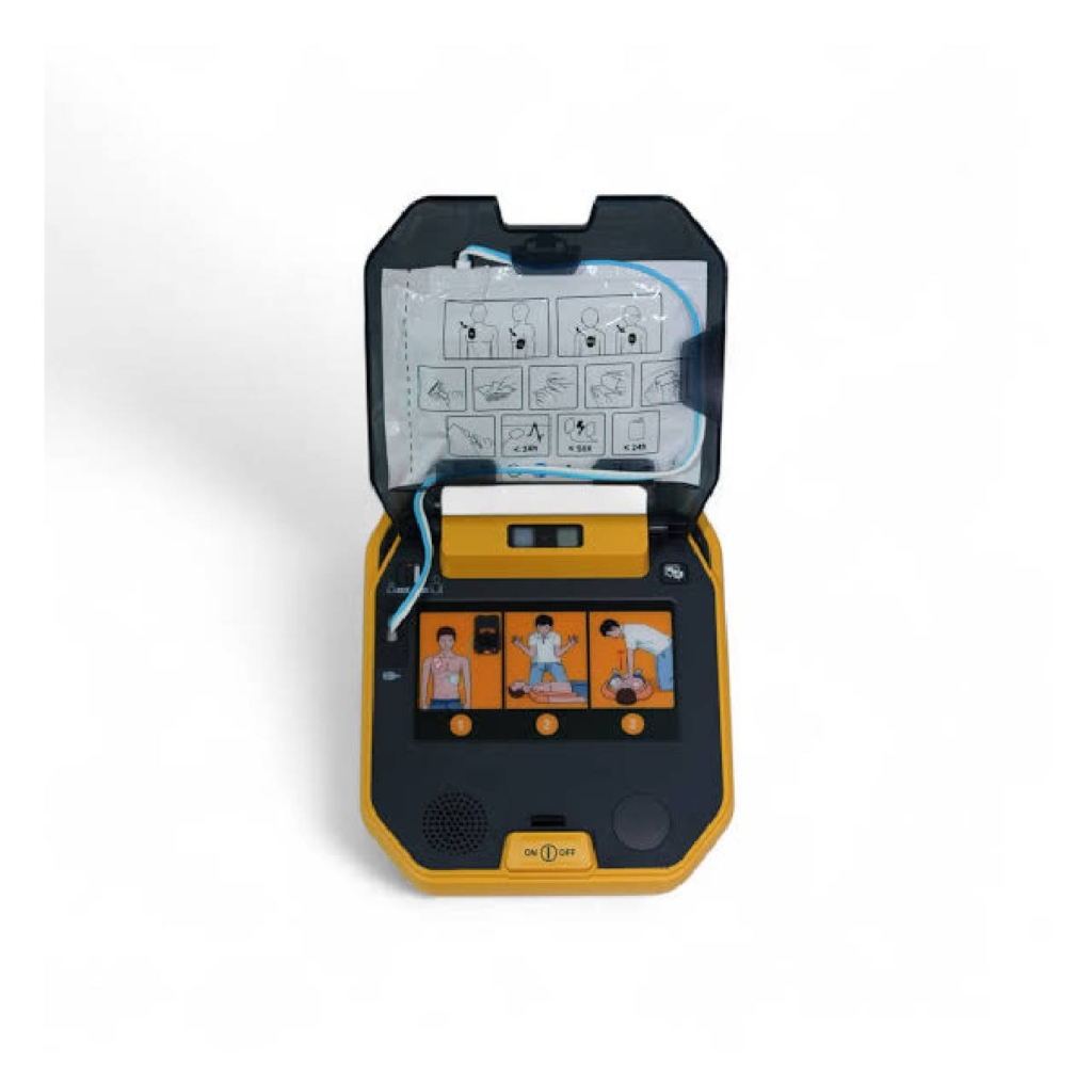 Desfibrilador externo automático DEA Amoul i7 Plus sin pantalla, con carcasa amarilla, manija superior, tapa transparente y botón de encendido