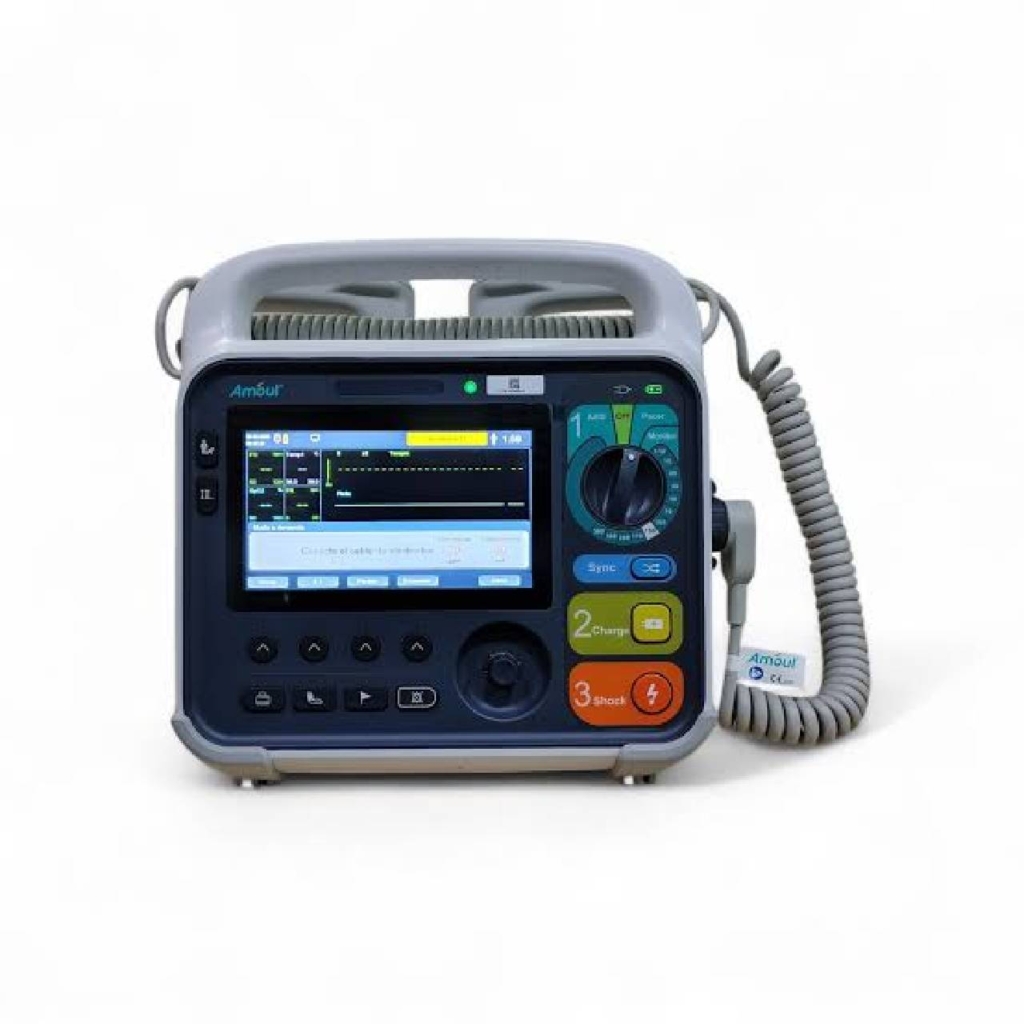 Desfibrilador monitor Amoul i2 con pantalla a color de 7 pulgadas, perilla selectora de energía, botones de carga y descarga y cable espiralado de palas