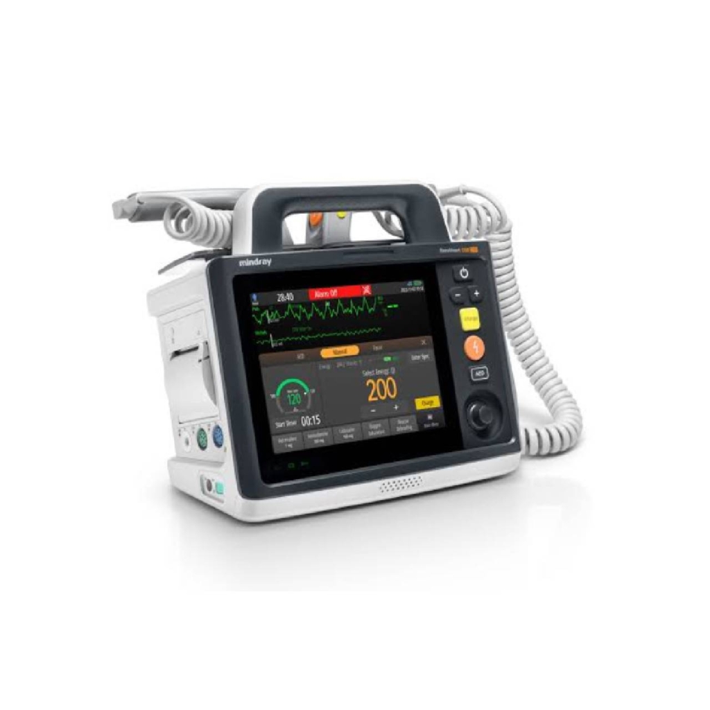 Desfibrilador monitor Mindray BeneHeart D30 con SpO2 y NIBP, pantalla táctil de 8 pulgadas mostrando energía de 200 J, impresora lateral y cable espiralado de palas