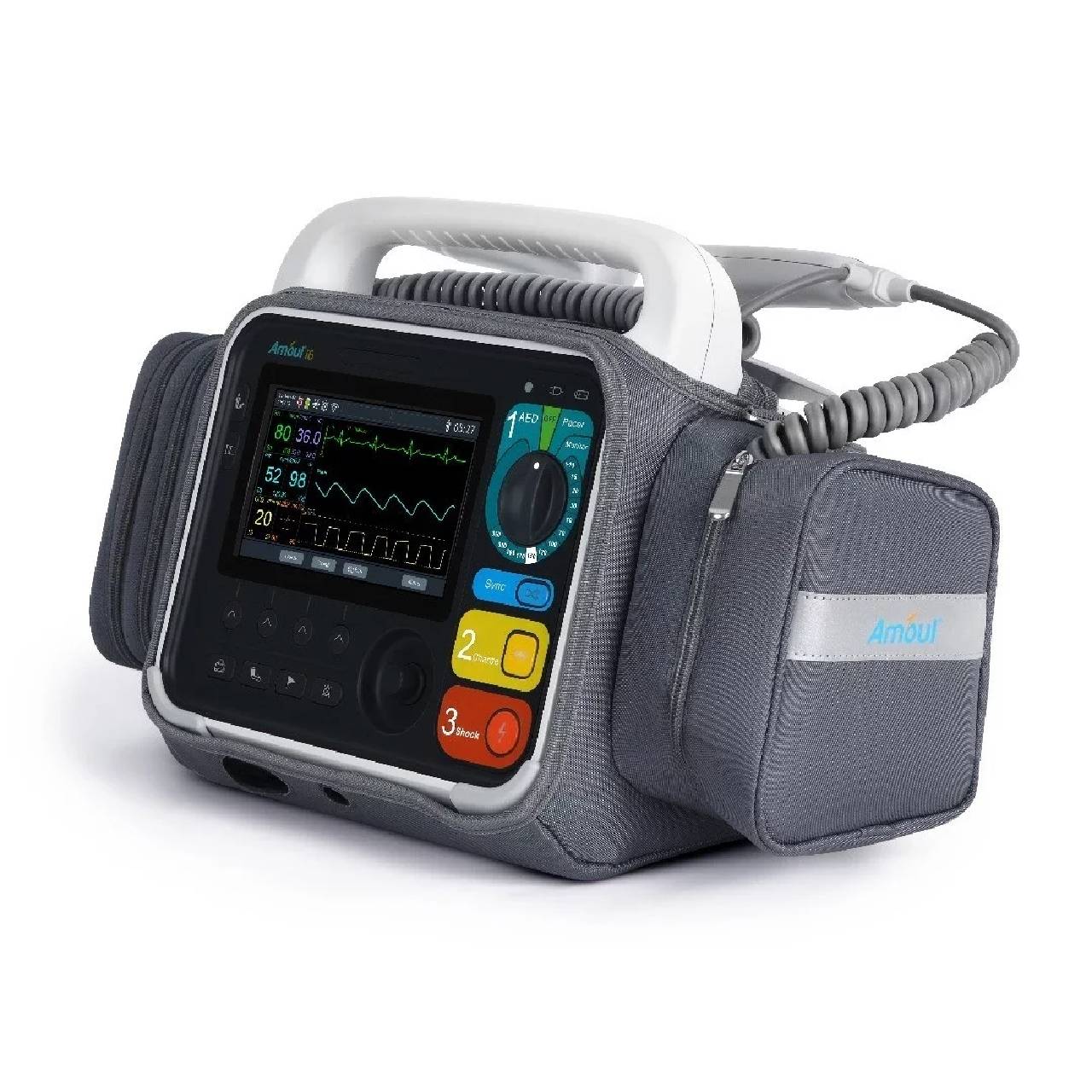 Desfibrilador monitor multiparámetro Amoul i6 con marcapasos, pantalla a color de 7 pulgadas, perilla selectora de energía y cable espiralado de palas