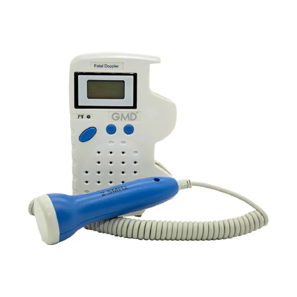Doppler fetal TunTun GMD GMD-DF-100B en color blanco y azul, con pantalla LCD mostrando 148 lpm, sonda con cable espiralado y botones de control