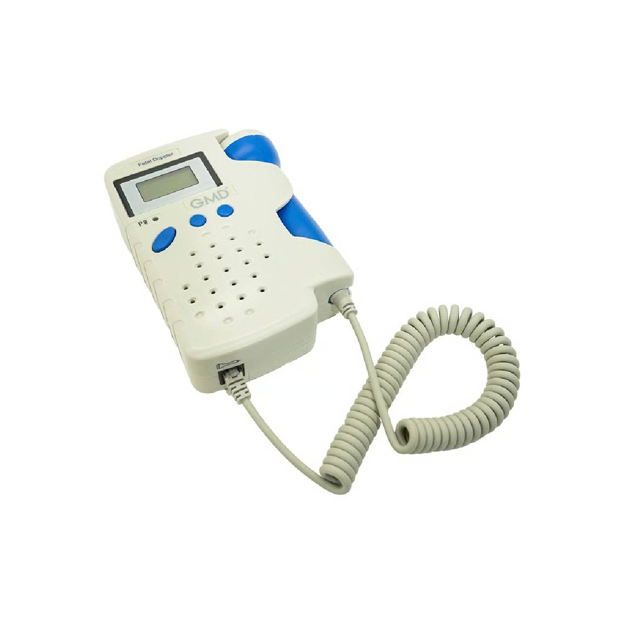Doppler fetal TunTun GMD GMD-DF-100B en color blanco y azul, con pantalla LCD mostrando 148 lpm, sonda con cable espiralado y botones de control