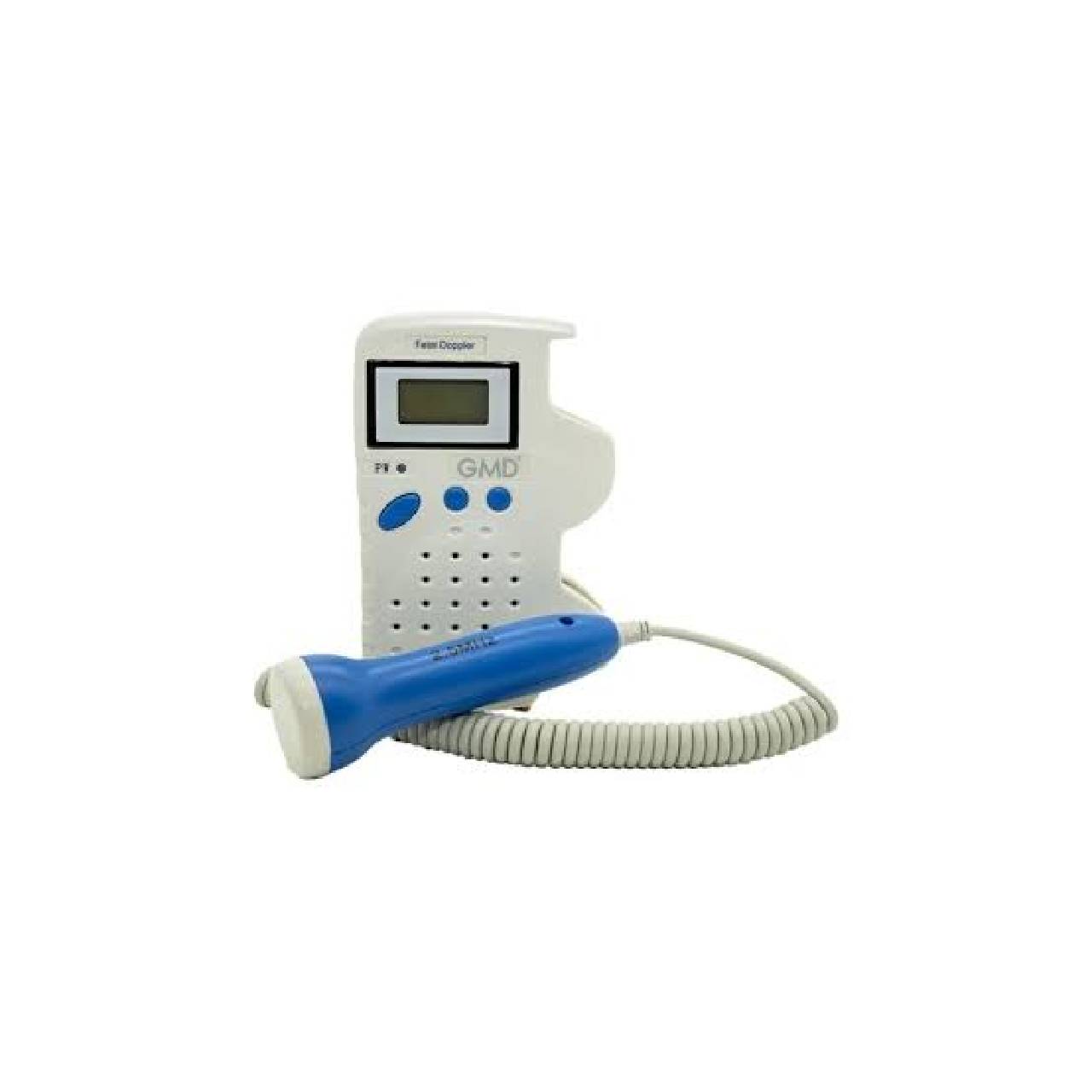 Doppler fetal TunTun GMD GMD-DF-100B en color blanco y azul, con pantalla LCD mostrando 148 lpm, sonda con cable espiralado y botones de control