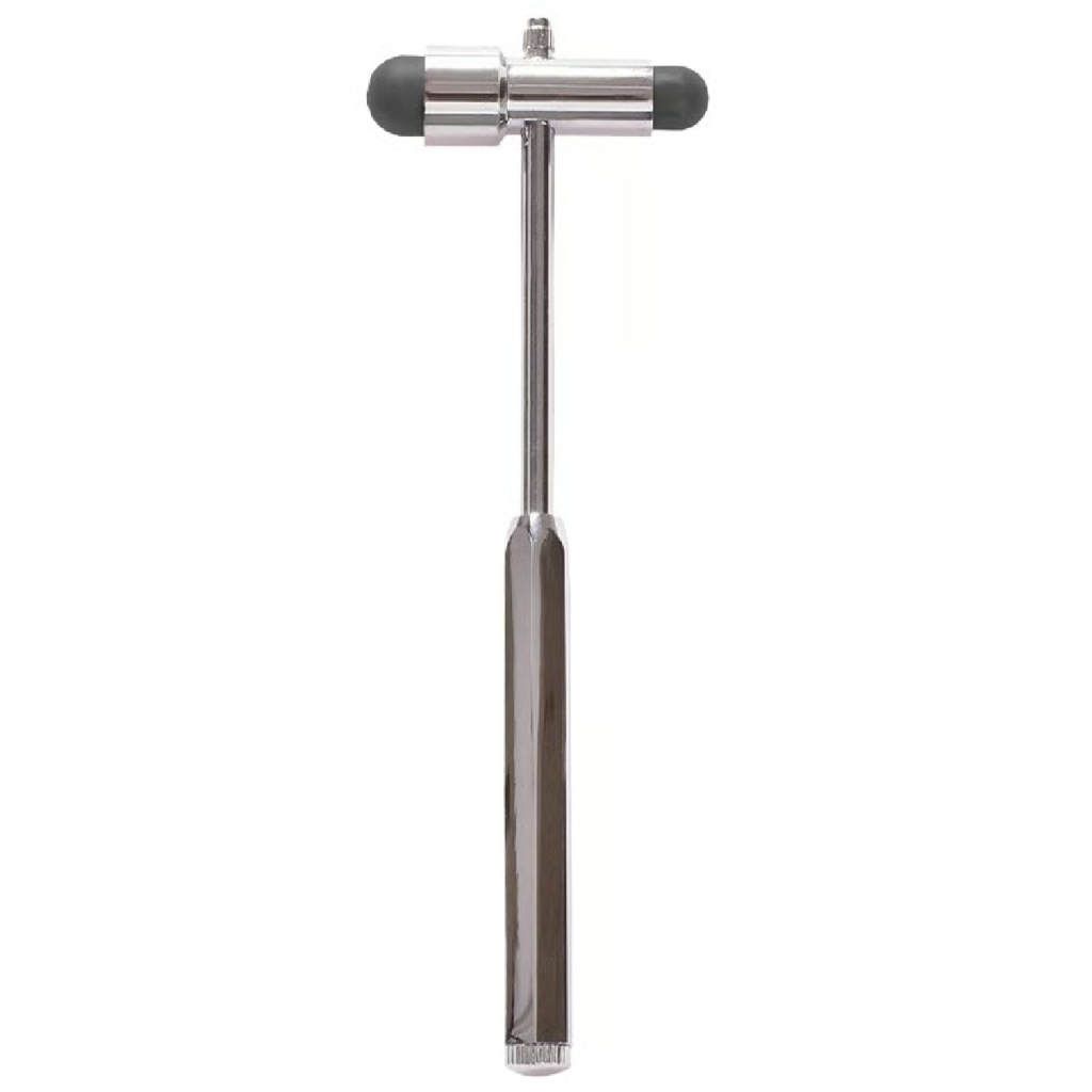 Martillo de reflejos Buck GMD con mango metálico cromado, cabeza de doble extremo con puntas grises de PVC y perilla superior