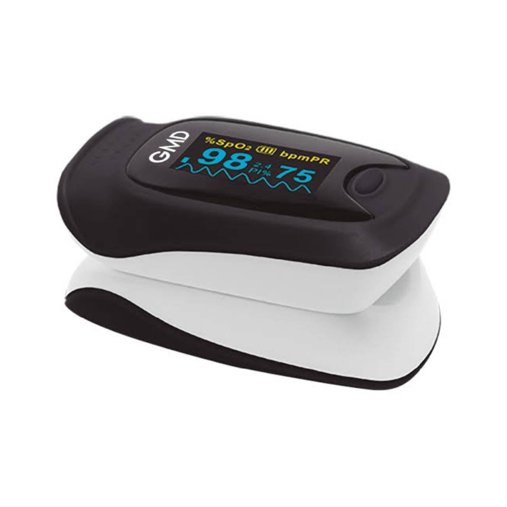 Pulsioxímetro de dedo con curva GMD GMDPX-500D en color negro y blanco, con pantalla OLED mostrando SpO2 de 98, pulso de 75 y gráfica de curva