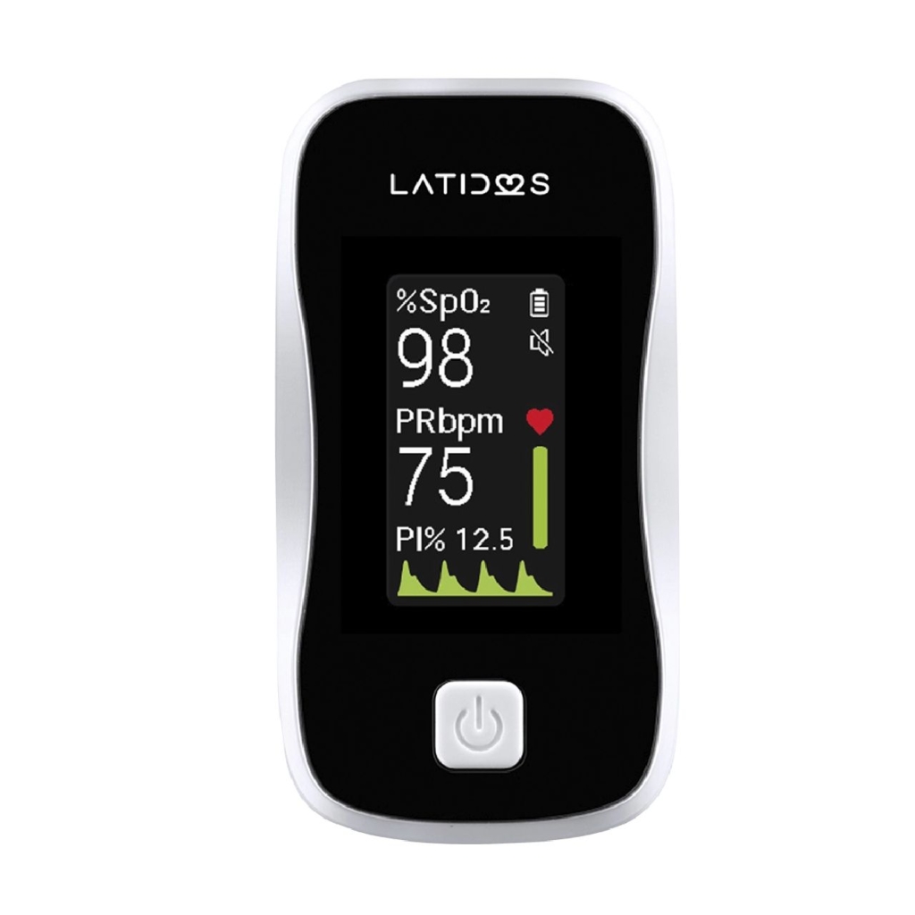 Pulsioxímetro de dedo Latidos con curva II, pantalla con SpO₂ 98 %, pulso 75 bpm e índice de perfusión 2.5 - CMC Ingeniería Médica Cali Colombia