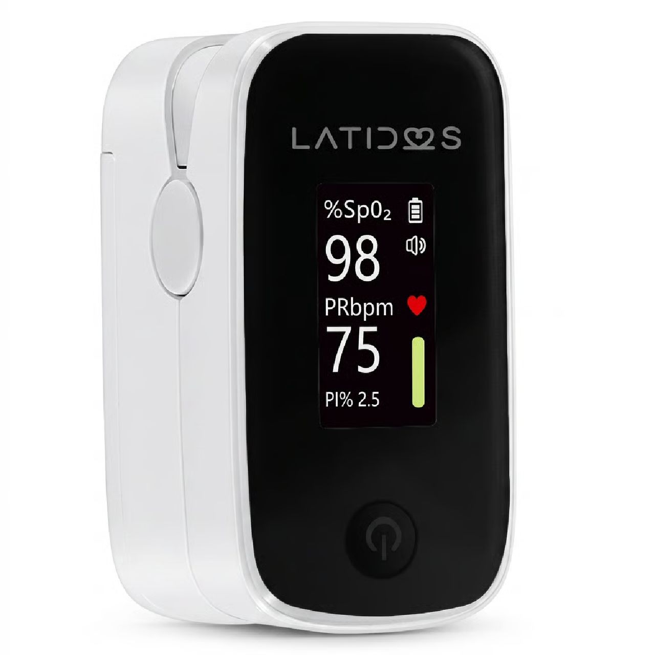 Pulsioxímetro de dedo Latidos con curva II, pantalla con SpO₂ 98 %, pulso 75 bpm e índice de perfusión 2.5 - CMC Ingeniería Médica Cali Colombia