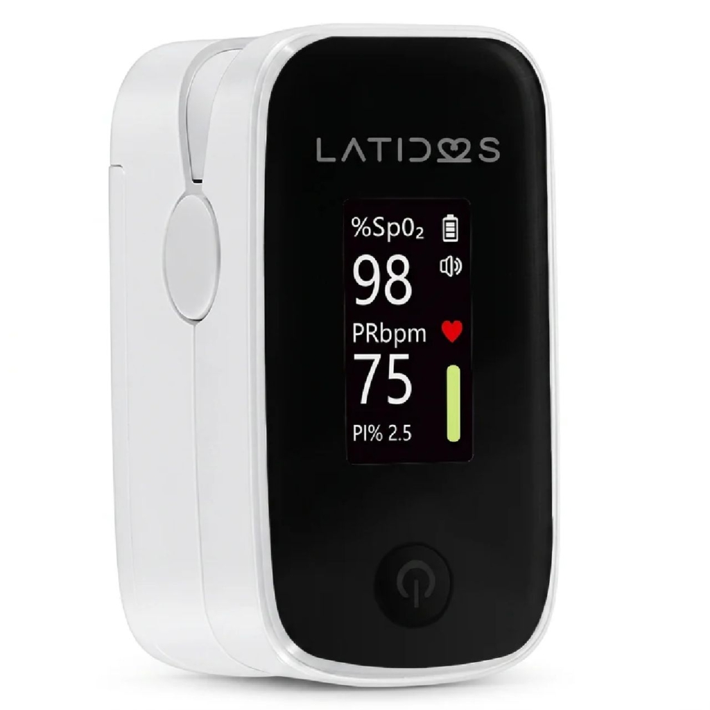 Pulsioxímetro de dedo Latidos Pro GMDPX-201D con pantalla OLED, SpO₂ 98 %, pulso 75 bpm e índice de perfusión 2.5 - CMC Ingeniería Médica Cali Colombia
