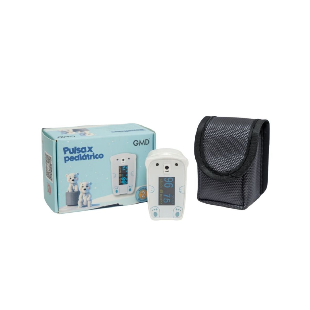 Pulsioxímetro pediátrico GMD Pulsax con diseño de oso y pantalla OLED, para medir SpO₂ y pulso en niños - CMC Ingeniería Médica Cali Colombia