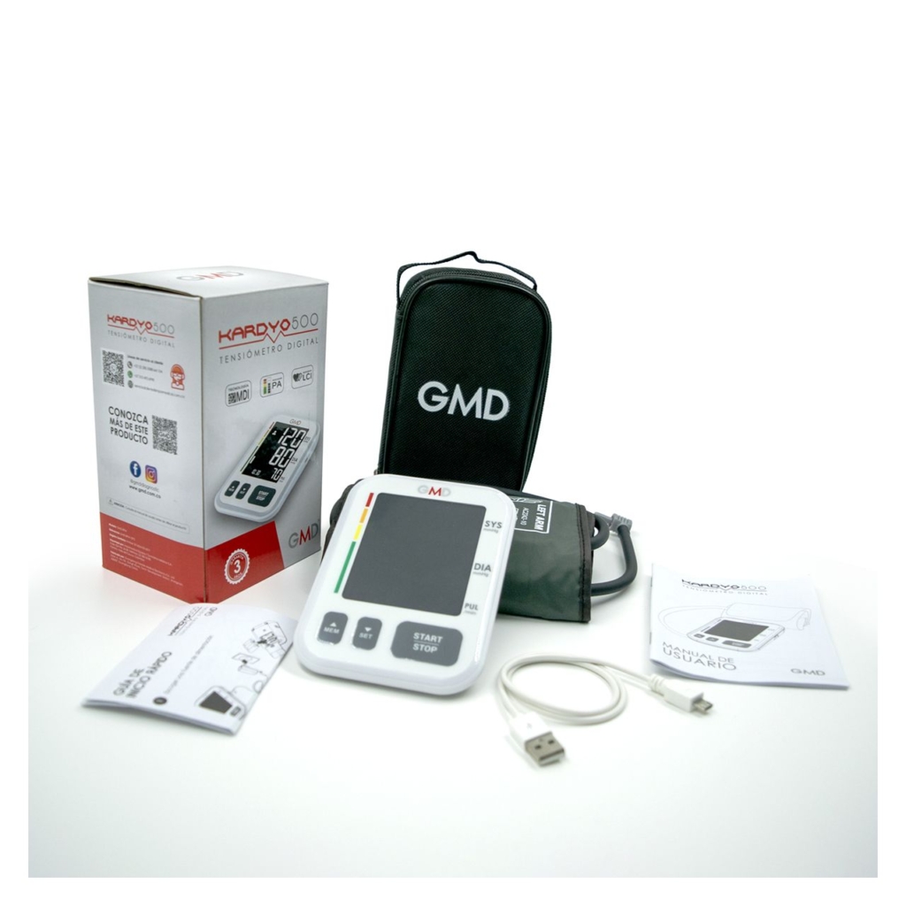 Tensiómetro digital de brazo GMD KARDYO 500 con voz y pantalla inversa de dígitos grandes, lectura 120/80 mmHg - CMC Ingeniería Médica Cali Colombia