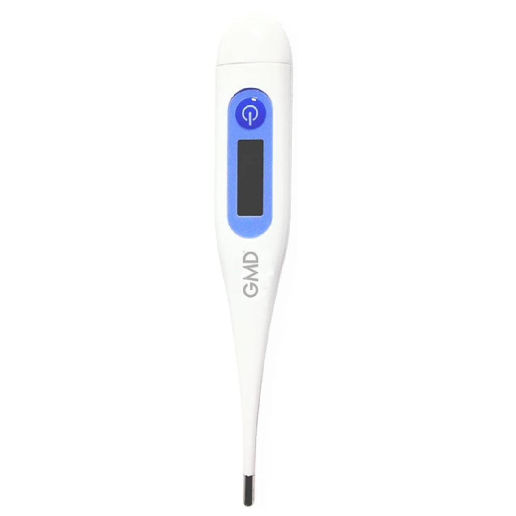 Termómetro digital rígido GMD en color blanco y azul, con pantalla LCD apagada, botón de encendido y punta metálica rígida