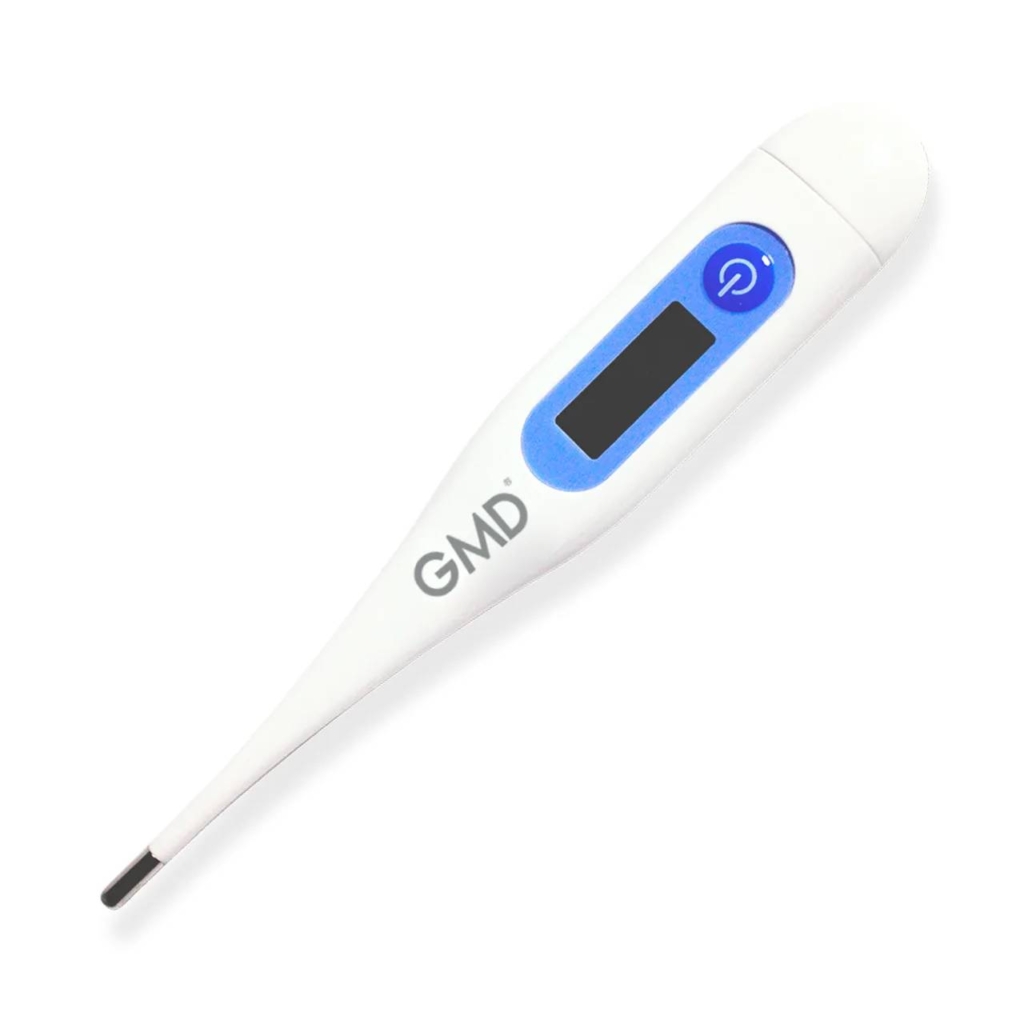 Termómetro digital rígido GMD en color blanco y azul, con pantalla LCD apagada, botón de encendido y punta metálica rígida