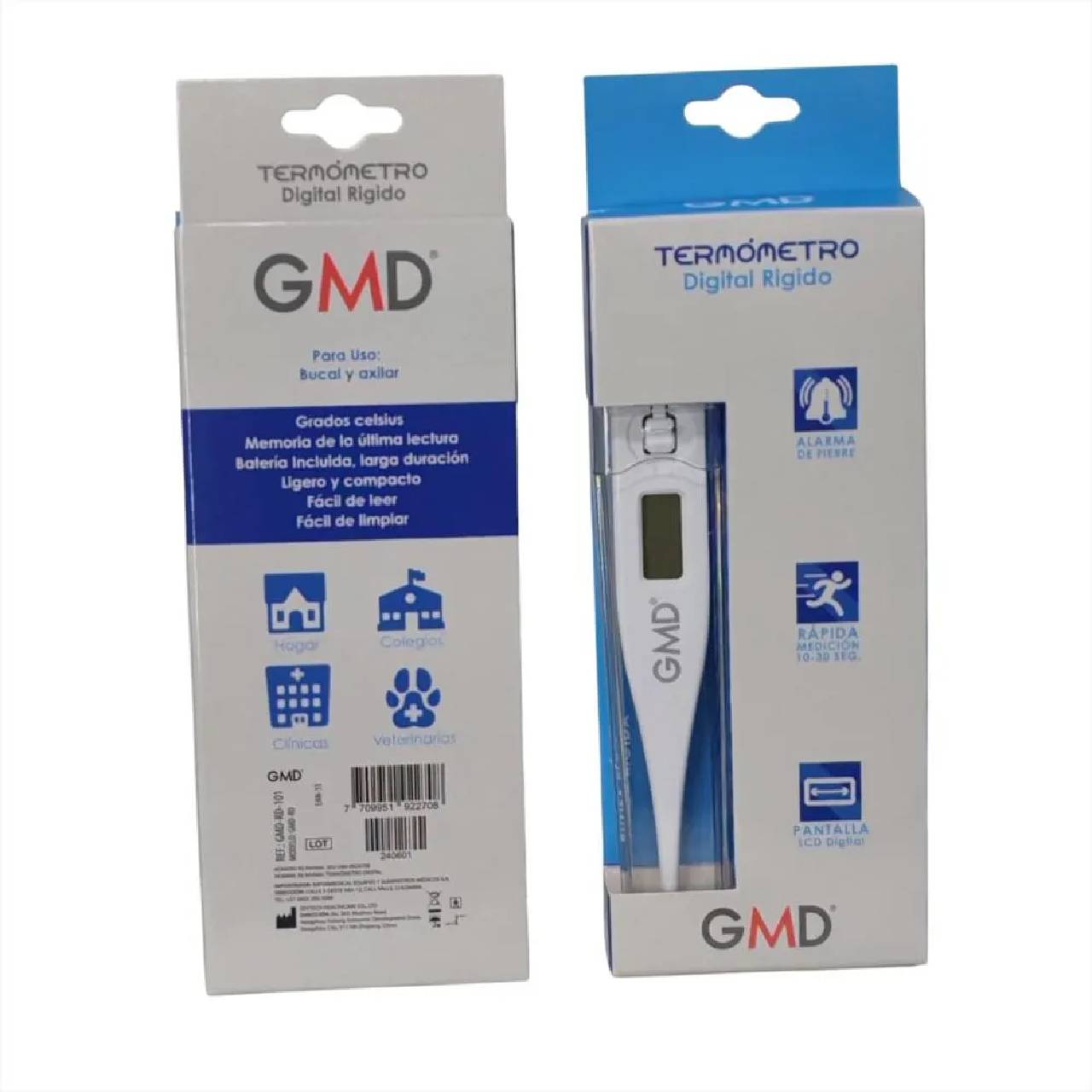 Termómetro digital rígido GMD en color blanco y azul, con pantalla LCD apagada, botón de encendido y punta metálica rígida